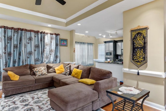 living room with ceiling fan, rail lighting, a raised ceiling, light hardwood / wood-style flooring, and ornamental molding