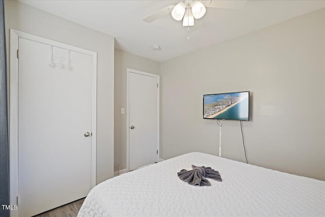 bedroom with hardwood / wood-style floors, ceiling fan, and a closet