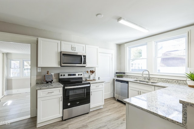 kitchen with light stone countertops, sink, white cabinetry, and stainless steel appliances