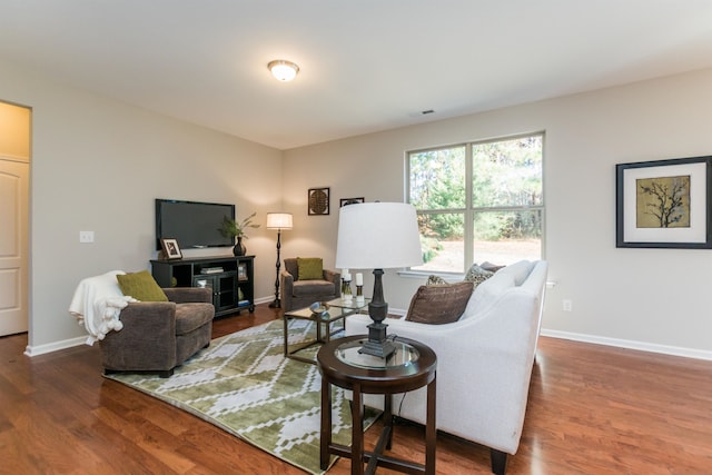 living room with dark hardwood / wood-style flooring