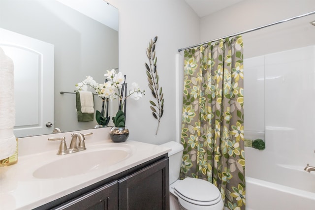 full bathroom with vanity, shower / bathtub combination with curtain, and toilet