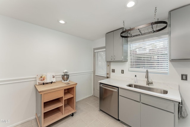 kitchen featuring gray cabinets, sink, and dishwasher