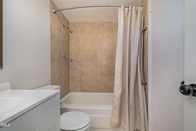 full bathroom featuring toilet, shower / bathtub combination with curtain, and vanity