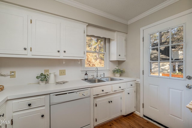 kitchen featuring white dishwasher, white cabinetry, dark hardwood / wood-style floors, and sink