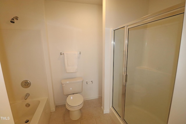 bathroom with tile patterned flooring, independent shower and bath, and toilet