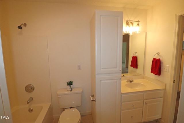 full bathroom featuring vanity, bathing tub / shower combination, and toilet