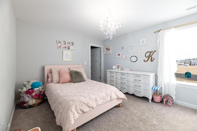 carpeted bedroom with an inviting chandelier and multiple windows