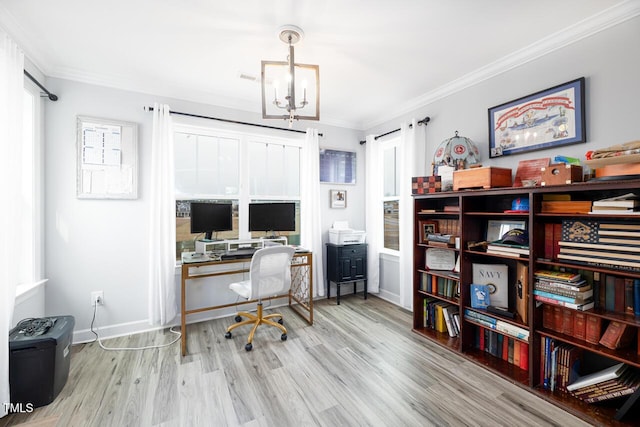 office with a chandelier, light wood-type flooring, and crown molding