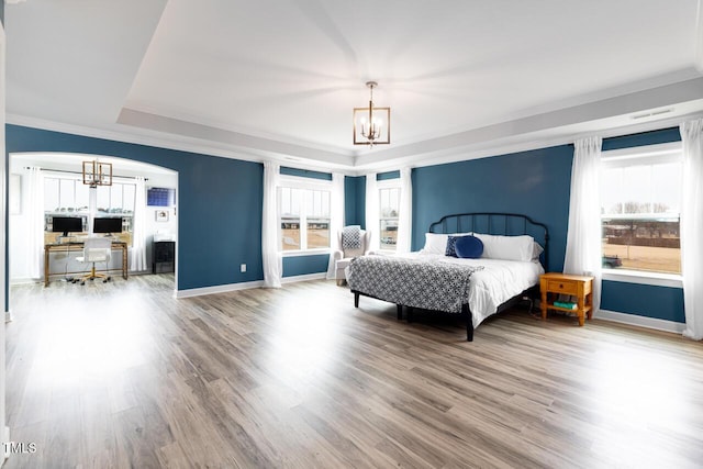 bedroom with a raised ceiling, multiple windows, and ornamental molding