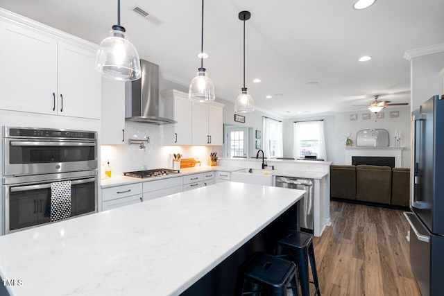 kitchen featuring white cabinets, wall chimney exhaust hood, sink, and stainless steel appliances