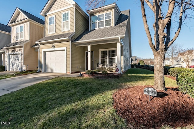 view of front of home featuring a front yard, covered porch, and a garage