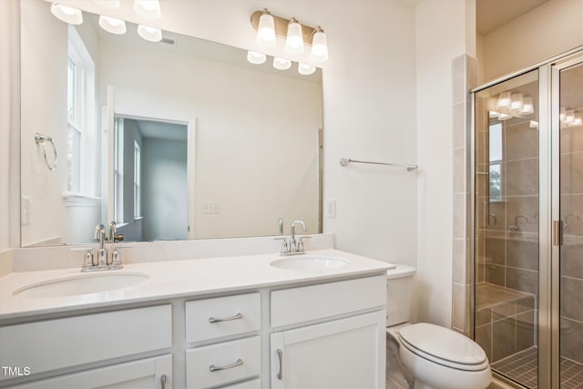 bathroom with vanity, an enclosed shower, and toilet