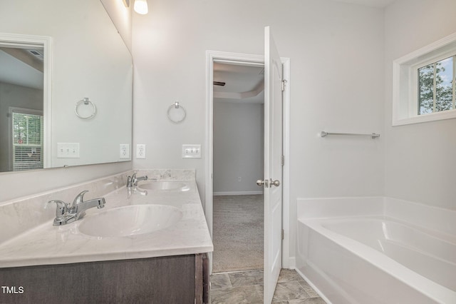 bathroom with vanity, a bathtub, and a healthy amount of sunlight