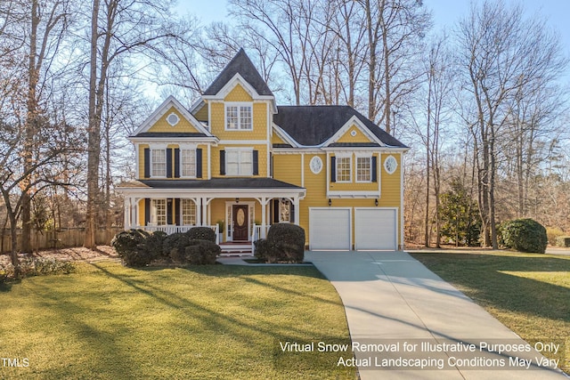 view of front of property featuring a garage, covered porch, and a front lawn