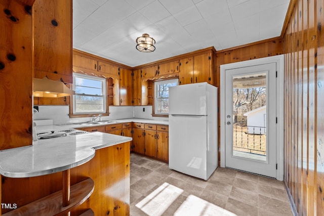 kitchen with white refrigerator, sink, wooden walls, ornamental molding, and extractor fan