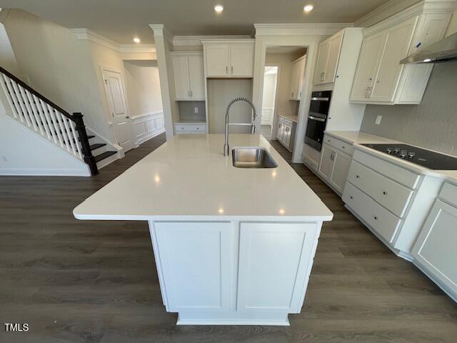 85 N Stagecoach Dr, Wendell, NC 27591 - kitchen featuring a sink, black electric cooktop, dark wood-style floors, under cabinet range hood, and ornamental molding