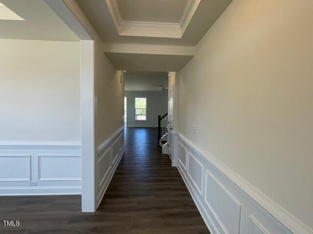 85 N Stagecoach Dr, Wendell, NC 27591 - corridor featuring a decorative wall, dark wood finished floors, a raised ceiling, crown molding, and wainscoting