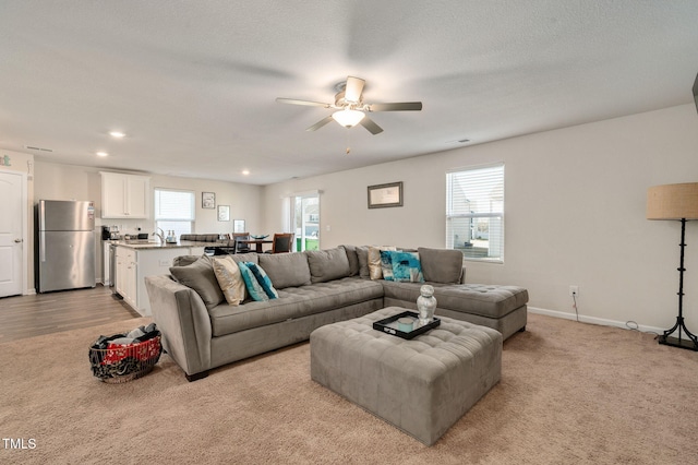 carpeted living room with ceiling fan, plenty of natural light, a textured ceiling, and sink