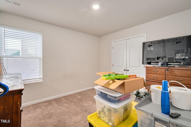 interior space featuring light carpet