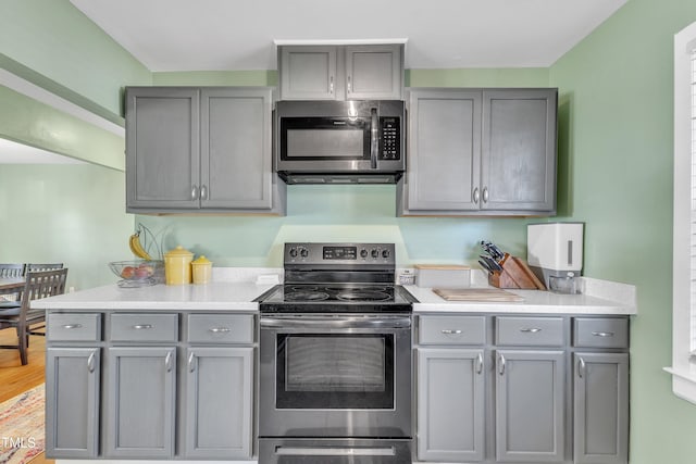 kitchen with stainless steel appliances and gray cabinetry