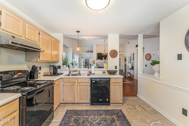 kitchen featuring a chandelier, light brown cabinetry, hanging light fixtures, and black appliances