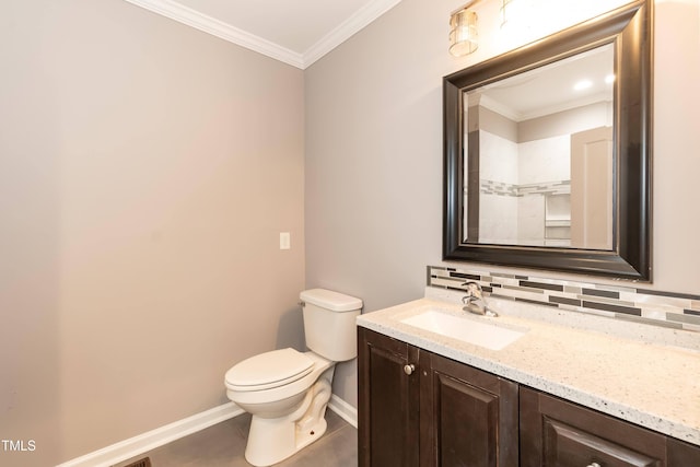 bathroom featuring vanity, tile patterned flooring, decorative backsplash, toilet, and ornamental molding