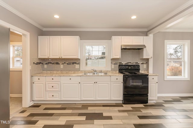 kitchen featuring white cabinets, black / electric stove, and sink