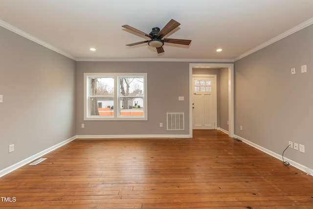 interior space featuring ceiling fan, light hardwood / wood-style flooring, and ornamental molding