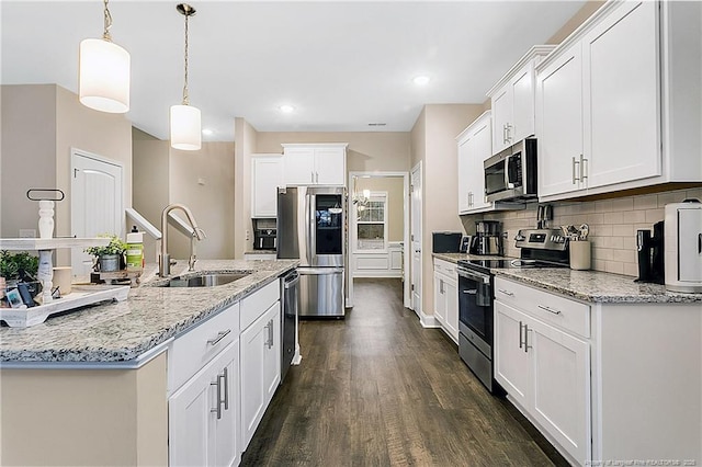 kitchen with sink, hanging light fixtures, tasteful backsplash, white cabinetry, and stainless steel appliances