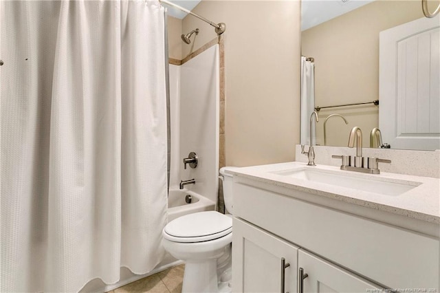 full bathroom with tile patterned floors, vanity, shower / bath combo, and toilet