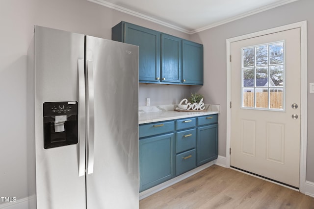 kitchen featuring stainless steel fridge with ice dispenser, blue cabinetry, light wood-type flooring, light stone countertops, and crown molding