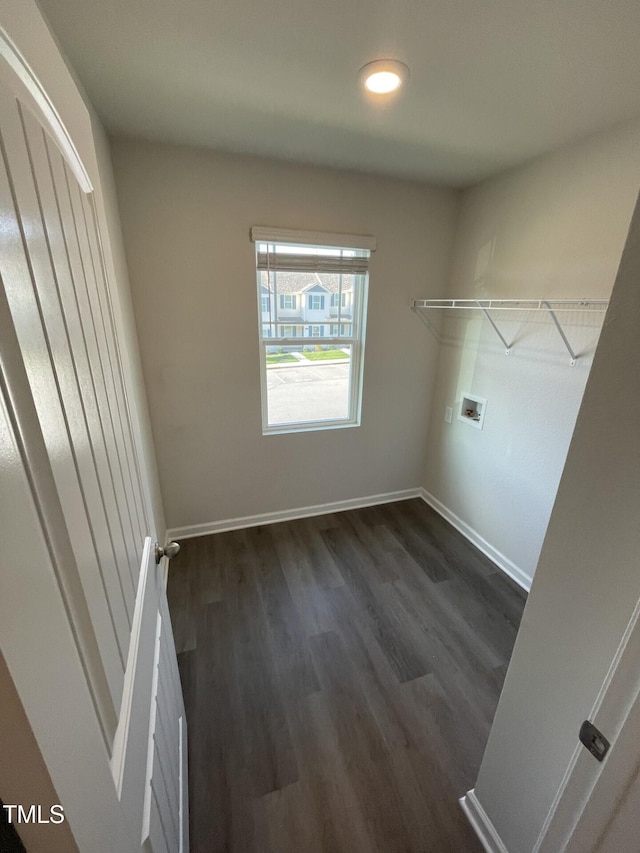 laundry area with dark wood-type flooring and hookup for a washing machine