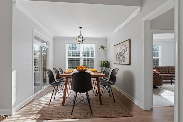 dining space featuring dark wood-type flooring and ornamental molding