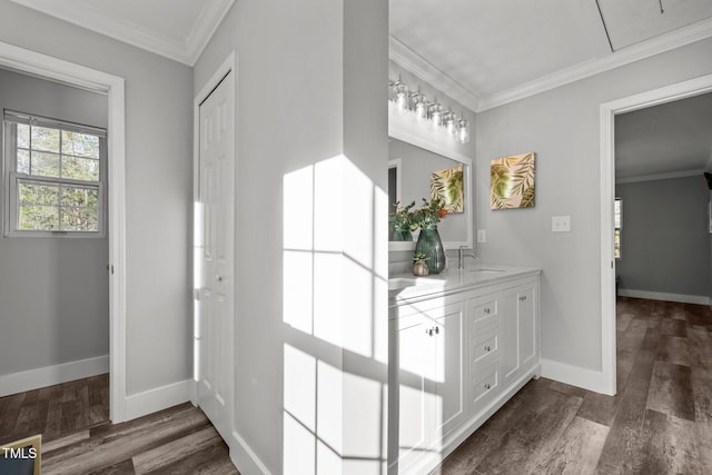 corridor featuring crown molding, dark hardwood / wood-style floors, and sink