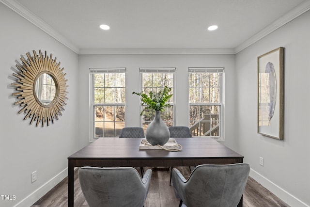 dining space featuring crown molding and hardwood / wood-style flooring