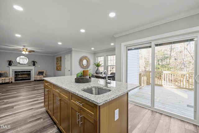 kitchen with light stone countertops, hardwood / wood-style floors, sink, a kitchen island with sink, and ceiling fan