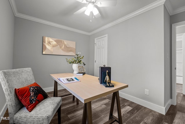 office space featuring ceiling fan, dark wood-type flooring, and ornamental molding