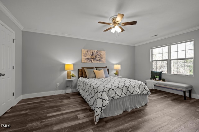 bedroom featuring ceiling fan, hardwood / wood-style floors, and ornamental molding