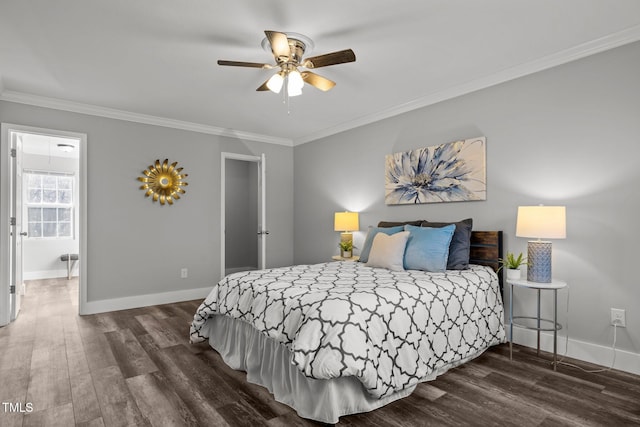 bedroom featuring dark wood-type flooring, ceiling fan, and crown molding