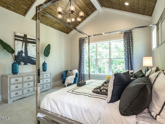 carpeted bedroom featuring lofted ceiling with beams, wood ceiling, and an inviting chandelier