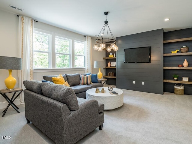 living room featuring light carpet