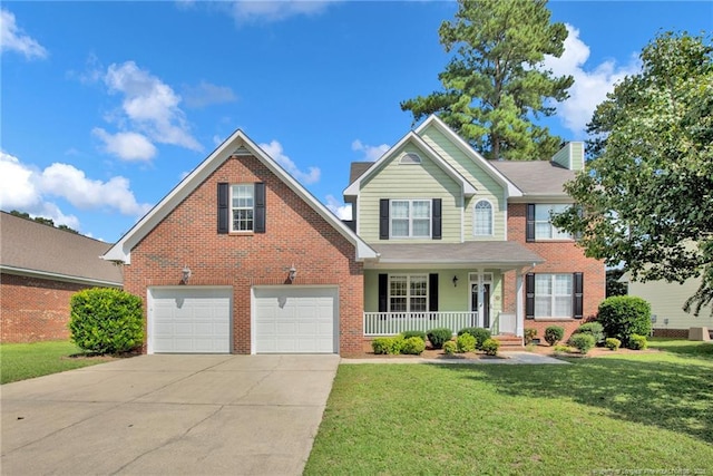 view of front facade featuring a front lawn, covered porch, and a garage