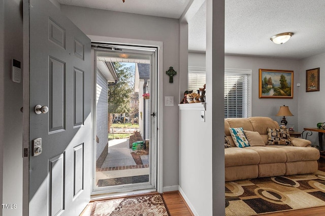 foyer entrance with light hardwood / wood-style flooring and a textured ceiling