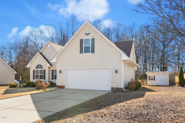 front facade with a garage and a storage shed