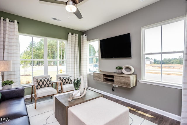 living room with hardwood / wood-style flooring and ceiling fan