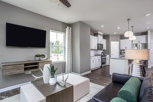 living room featuring ceiling fan and light hardwood / wood-style flooring