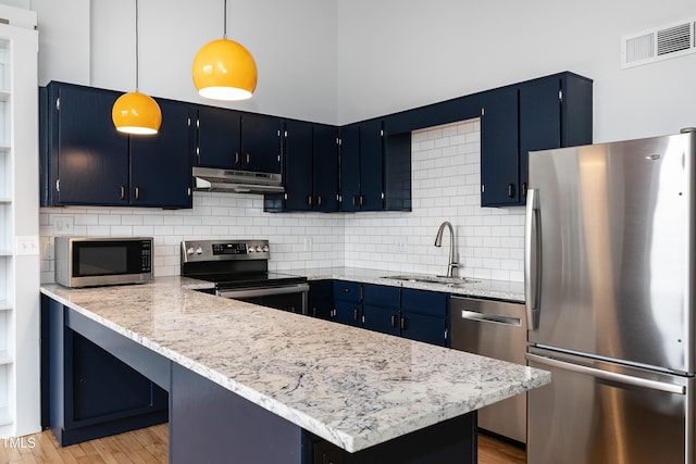 kitchen featuring sink, hanging light fixtures, appliances with stainless steel finishes, and tasteful backsplash