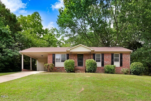 103 Val Del Ct, Garner, NC 27529 - ranch-style house featuring driveway, brick siding, a front yard, and a carport