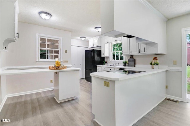 103 Val Del Ct, Garner, NC 27529 - kitchen featuring black appliances, a textured ceiling, light wood finished floors, a peninsula, and light countertops