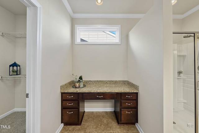 bathroom with walk in shower and ornamental molding